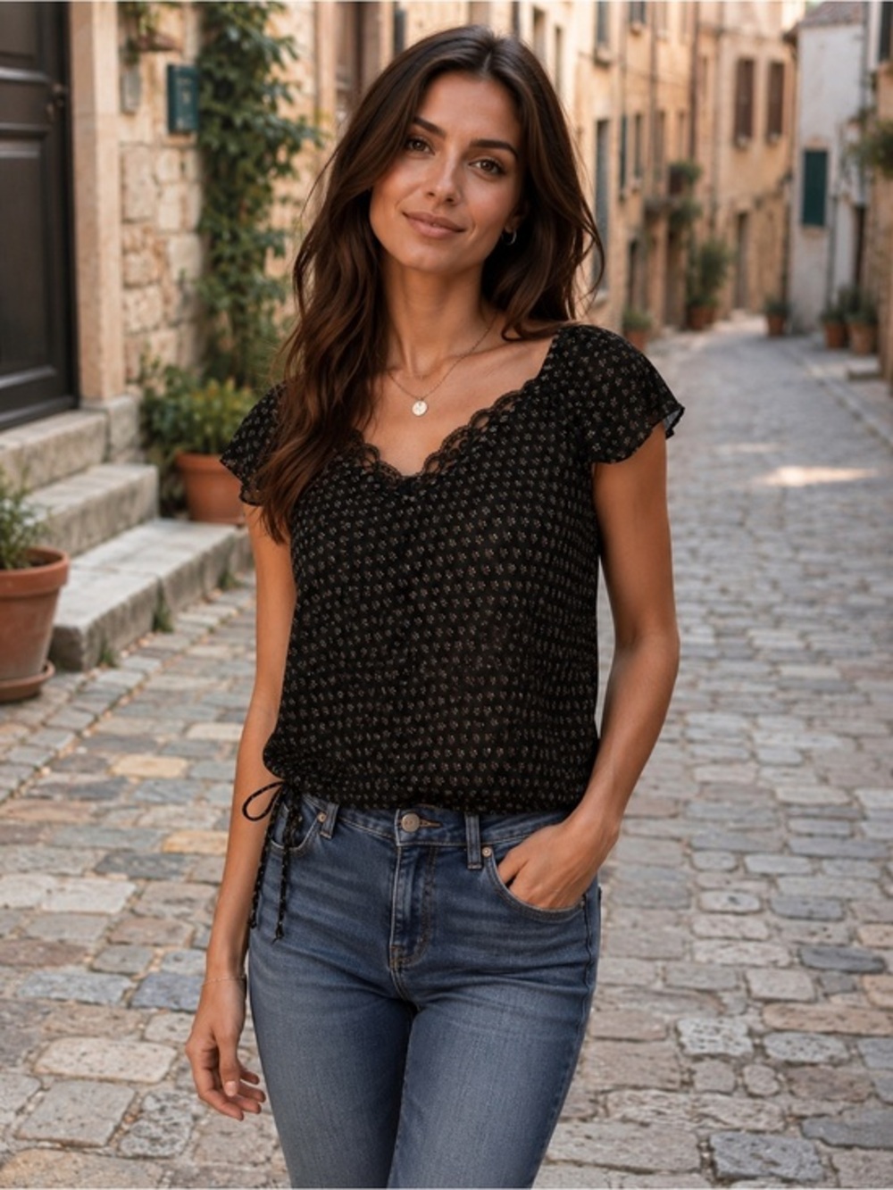 Liz Claiborne Axcess Black Lace-Trim Camisole with Subtle Print